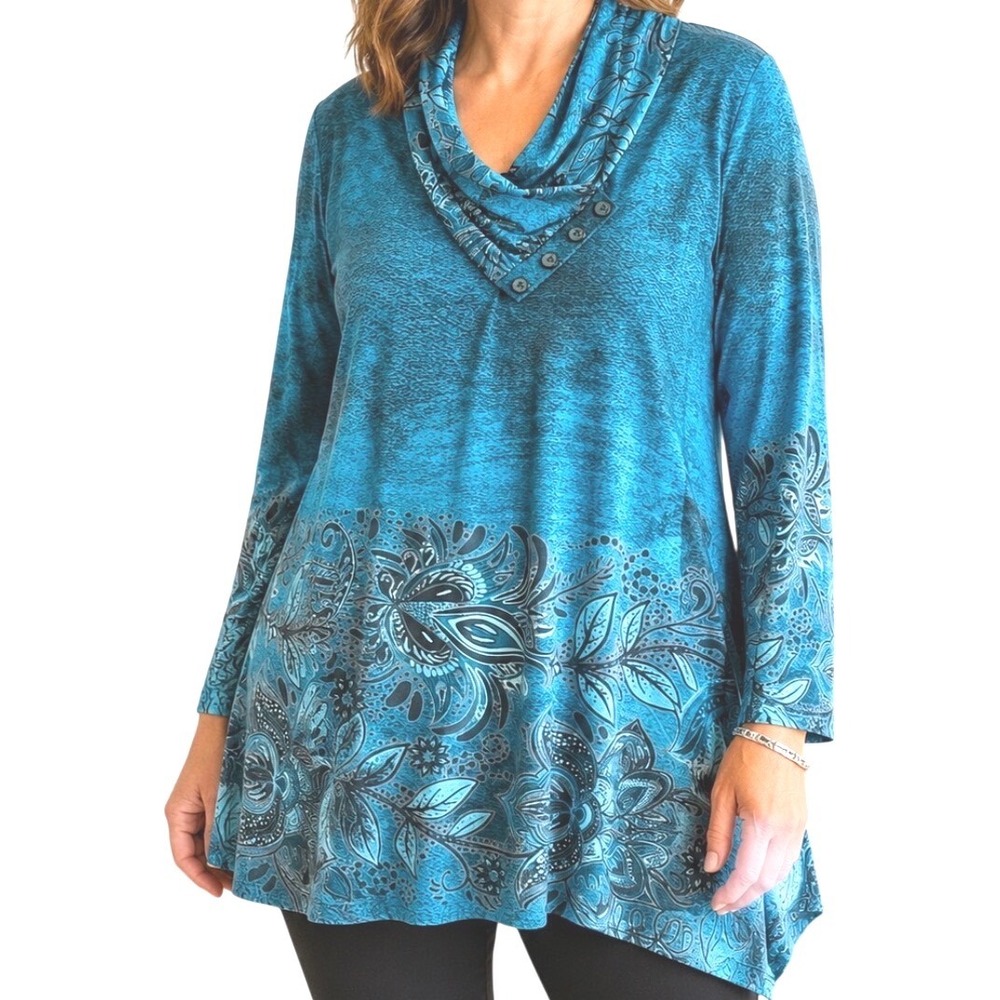 Lily by Firmiana Tunic Top Women XL Teal Blue Excellent Cowl Neck Paisley Floral
